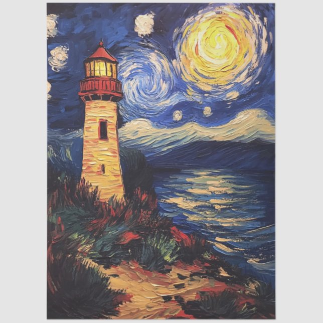 Starry Night Lighthouse Painting Decoupage Tissue Paper (Front)