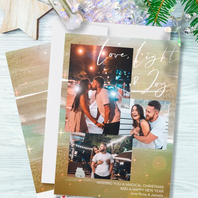 Starry Night Love Light and Joy 3 Photo Gold Holiday Card (Creator Uploaded)