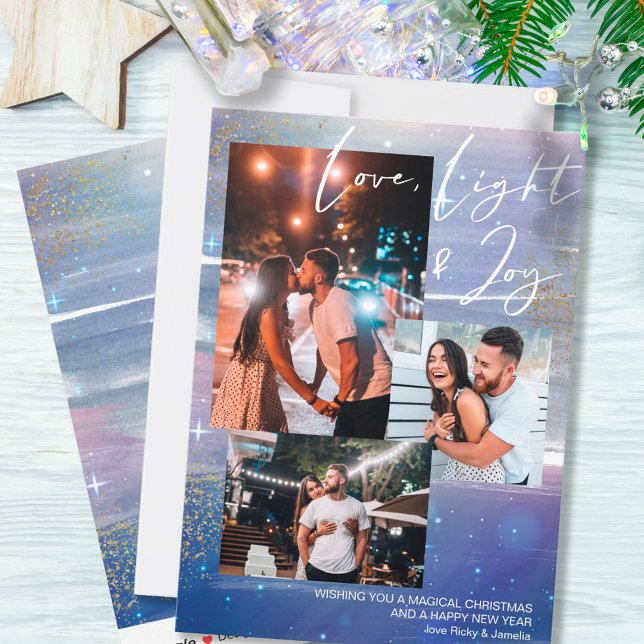 Starry Night Love Light & Joy 3 Photo Collage Holiday Card (Creator Uploaded)