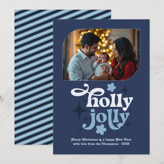 Starry Night Modern Blue Christmas Photo Holiday Card (Front/Back)
