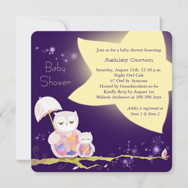 Starry Night Mom & Baby Owls Baby Shower Invitation (Front)