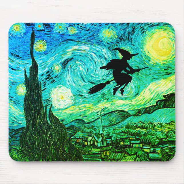 Starry Night Moon Flying Witch Silhouette Mouse Pad (Front)