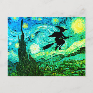 Starry Night Moon Flying Witch Silhouette Postcard