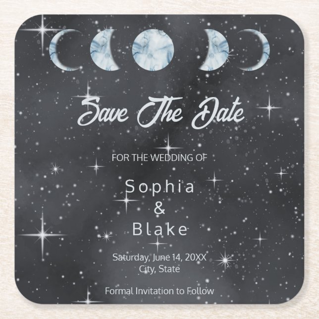 Starry Night Moon Phases Celestial Save the Date Square Paper Coaster (Front)