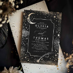 Starry Night Moon Shooting Star Celestial Wedding Invitation<br><div class="desc">This celestial wedding invitation enchants with a gorgeous cosmic midnight sky scene, casting a spell of allure and mystery. It features a bright golden crescent moon, a shooting star, and distant constellations, each element shines in the luxurious sheen of faux gold foil. This black and gold romantic invitation is a...</div>