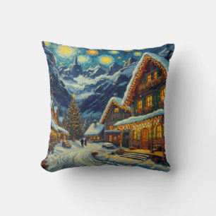Starry Night Mountain Village Christmas Throw Pillow