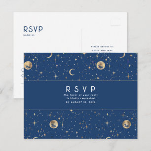 Starry Night Navy Blue and Gold Wedding RSVP Postcard