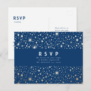 Starry Night Navy Blue and Gold Wedding RSVP Postcard