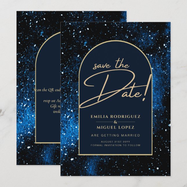 Starry Night Navy Blue Gold Wedding SAVE DATE Invitation (Front/Back)