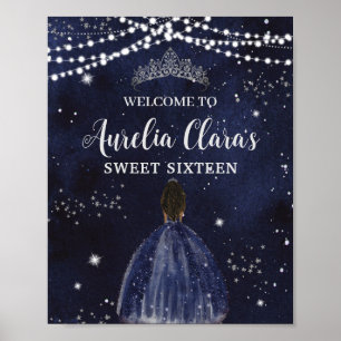 Starry Night Navy Blue Silver Sweet 16 Brown Girl Poster