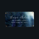 Starry Night Navy Blue Watercolor Return Address Label<br><div class="desc">Perfect address label for the wedding planning couple. Make sure to check out the invitation card that goes together with this label. Background is dark navy blue ombre watercolor texture with faux gold glitters.</div>