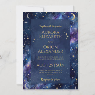 Starry night navy blue watercolor wedding invitation