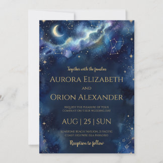 Starry night navy blue watercolor wedding invitation