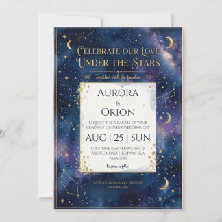 Starry night navy blue watercolor wedding invitation