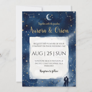 Starry night navy blue watercolor wedding invitation