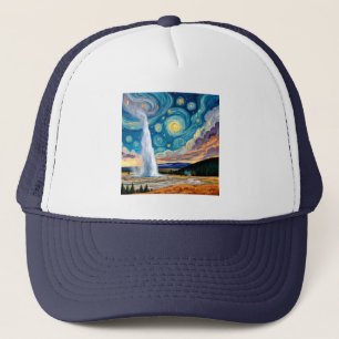 Starry Night Old Faithful Yellowstone Park Trucker Hat