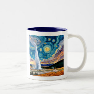 Starry Night Old Faithful Yellowstone Park Two-Tone Coffee Mug