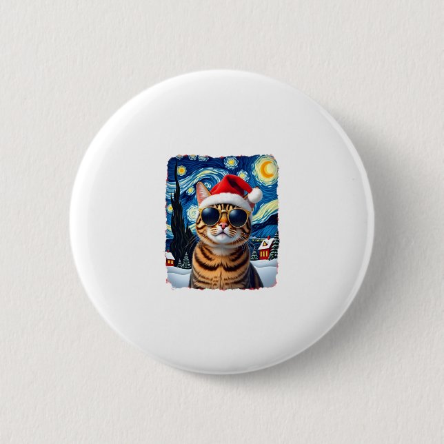 Starry Night Orange Tabby Cat Christmas 2 Inch Round Button (Front)