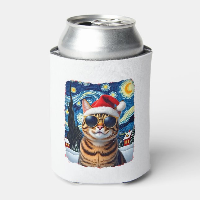 Starry Night Orange Tabby Cat Christmas Can Cooler (Can Front)