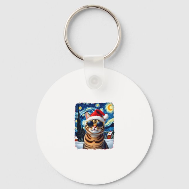 Starry Night Orange Tabby Cat Christmas Keychain (Front)