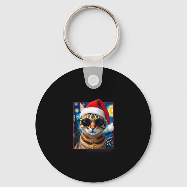 Starry Night Orange Tabby Cat Christmas Keychain (Front)