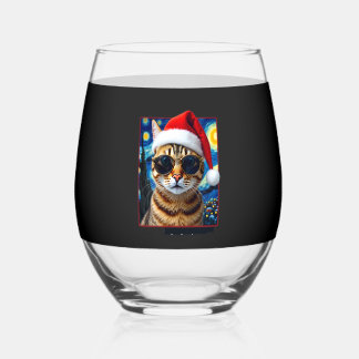 Starry Night Orange Tabby Cat Christmas Stemless Wine Glass