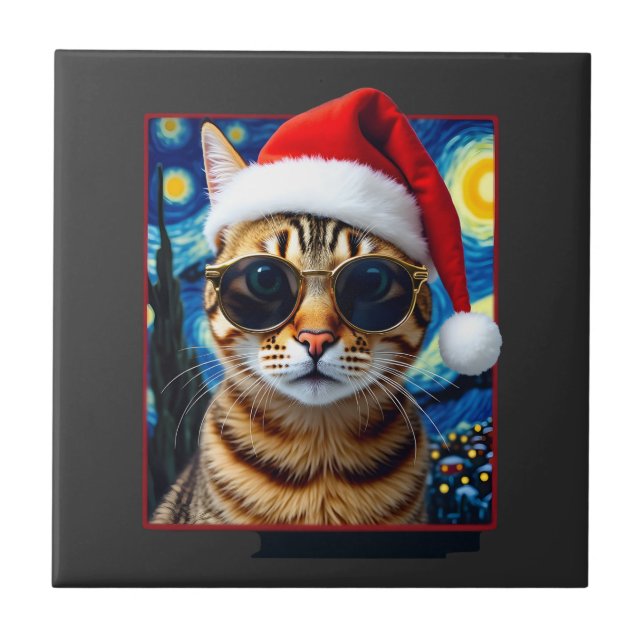 Starry Night Orange Tabby Cat Christmas Tile (Front)
