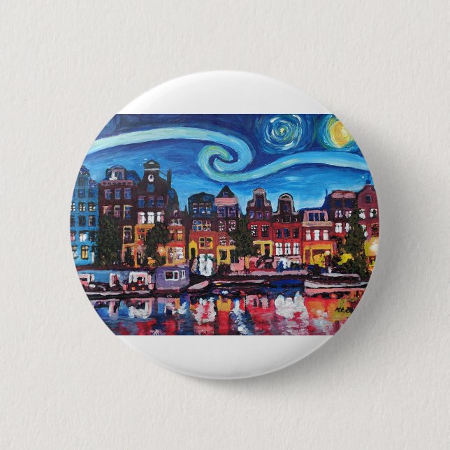 Starry Night over Amsterdam Canal 2 Inch Round Button (Front)