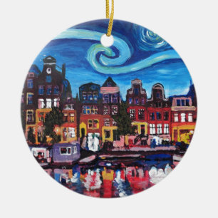 Starry Night over Amsterdam Canal Ceramic Ornament
