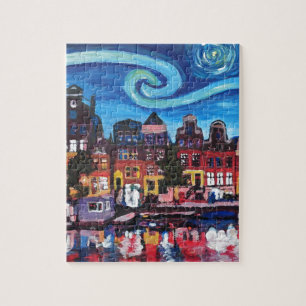 Starry Night over Amsterdam Canal Jigsaw Puzzle