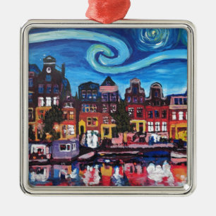 Starry Night over Amsterdam Canal Metal Ornament