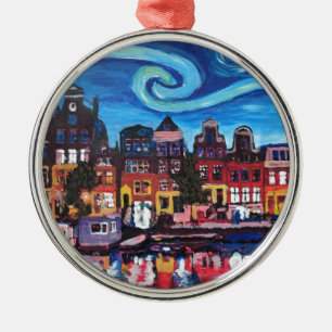 Starry Night over Amsterdam Canal Metal Ornament