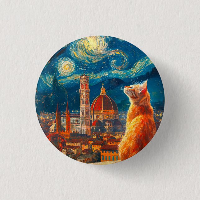 Starry Night Over Florence | Ginger Cat Art 1 Inch Round Button (Front)