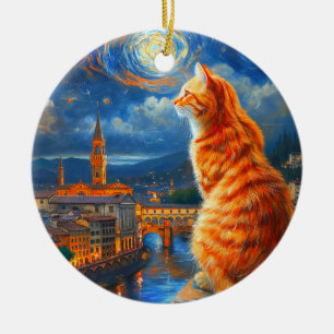 Starry Night Over Florence Ginger Cat Art Ceramic Ornament