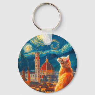 Starry Night Over Florence Ginger Cat Art Keychain