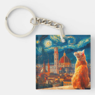 Starry Night Over Florence Ginger Cat Art Keychain