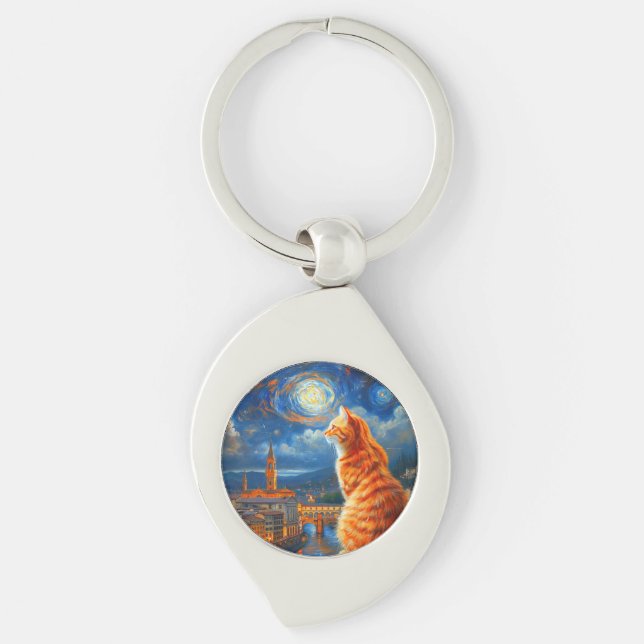 Starry Night Over Florence | Ginger Cat Art Keychain (Front)