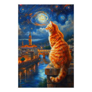 Starry Night Over Florence Ginger Cat Art Poster