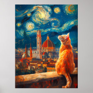 Starry Night Over Florence Ginger Cat Art Poster