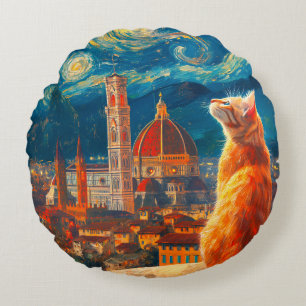 Starry Night Over Florence Ginger Cat Art Round Pillow