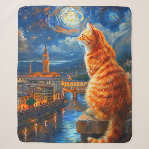 Starry Night Over Florence Ginger Cat Art Sherpa Blanket