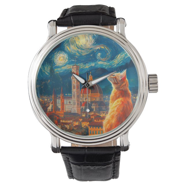 Starry Night Over Florence | Ginger Cat Art Watch (Front)