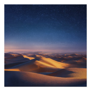 Starry Night Over Golden Desert Dunes Landscape Poster