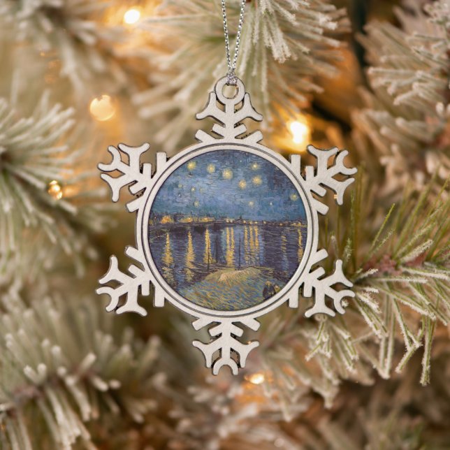 Starry Night Over Rhone River by Vincent Van Gogh Snowflake Pewter Christmas Ornament (Tree)