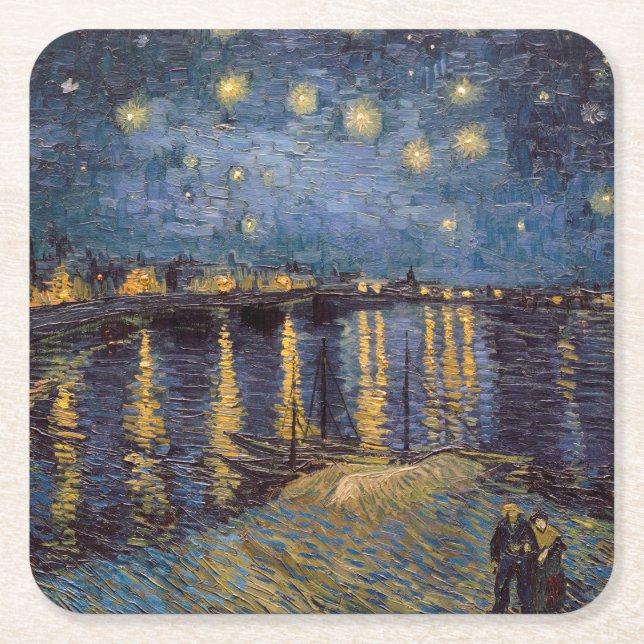 Starry Night Over Rhone River by Vincent Van Gogh Square Paper Coaster (Front)