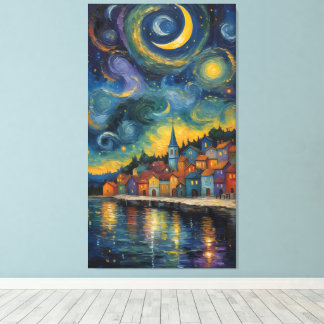 Starry Night Over the Harbour Village Canvas Print