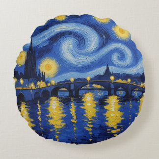 Starry night over the river round pillow