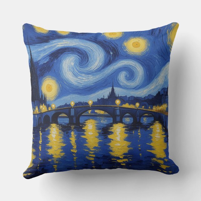 Starry night over the river throw pillow (Back)