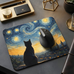 Starry Night Overlook Black Cat & Twinkling Town  Mouse Pad