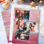 Starry Night Peace and Love 3 Photo Collage Red Holiday Card<br><div class="desc">Create your own 3 photo collage holiday card, with Peace and Love hand lettering, on a starry night background. The design features watercolor brush strokes, in shades of ruby red wine and pink, with stars, starlight glow and gold dust. Peace and Love is lettered in modern script calligraphy, which you...</div>